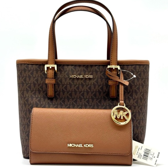 Michael Kors JST XS Logo TZ Tote Bag & Matching Trifold Wallet Signature Brown